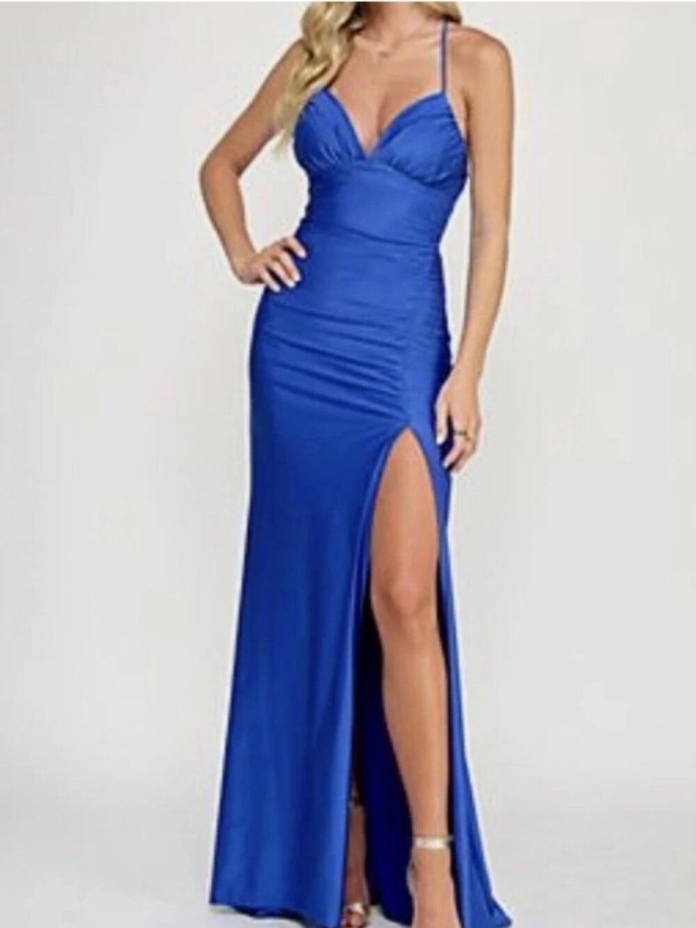 KATIE RAE JUNIORS Royal Blue Lace-Up Back Gown Sleeveless High Slit Maxi